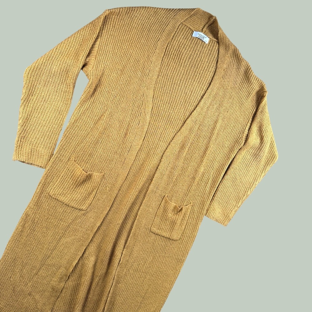 Julia Cardigan Women L/XL Mustard Yellow Open Front Longline Duster Boho Sweater